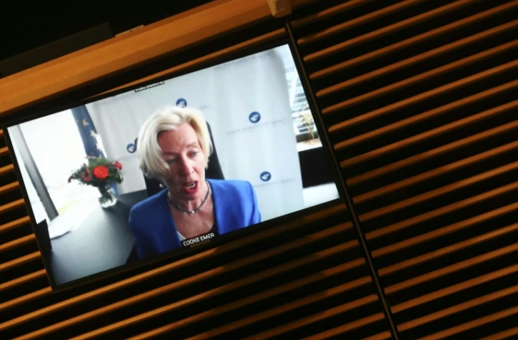 La directrice de l'Agence européenne des médicaments (EMA), Emer Cooke, apparaît à l'écran lors d'une visioconférence le 16 mars 2021 à Bruxelles