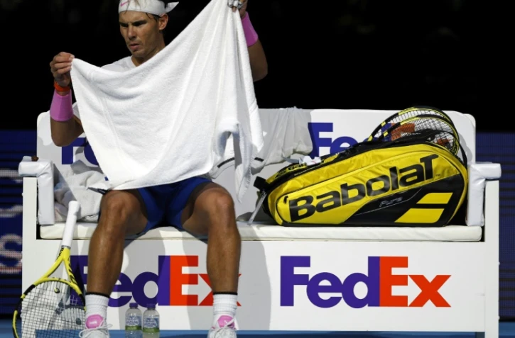 Rafael Nadal lors de son premier match du Masters de tennis contre Alexander Zverev le 11 novembre 2019 à Londres