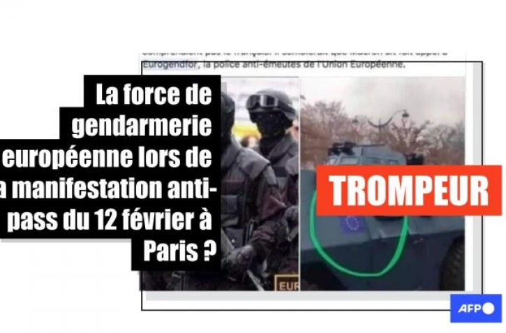   Ces deux photos ne prouvent pas l'intervention de la force de gendarmerie européenne lors d'un rassemblement anti-pass à Paris