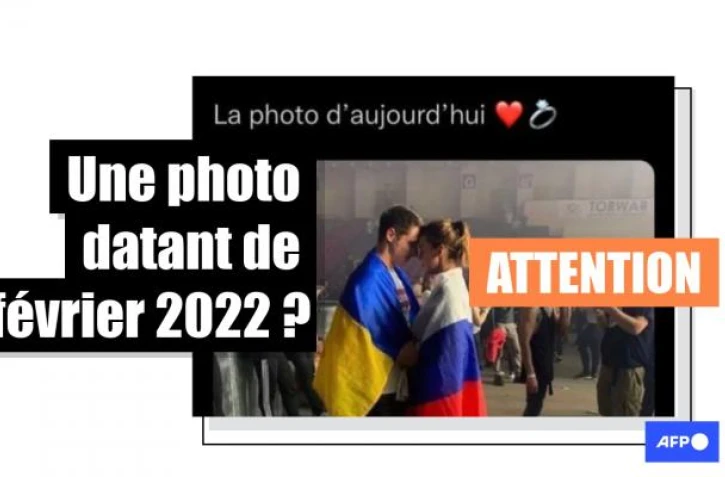   Attention, cette photo d'une femme avec un drapeau russe et d'un homme drapé de celui de l'Ukraine date de 2019