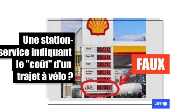   Une station-service indiquant le "coût" d'un trajet à vélo ? C'est un montage