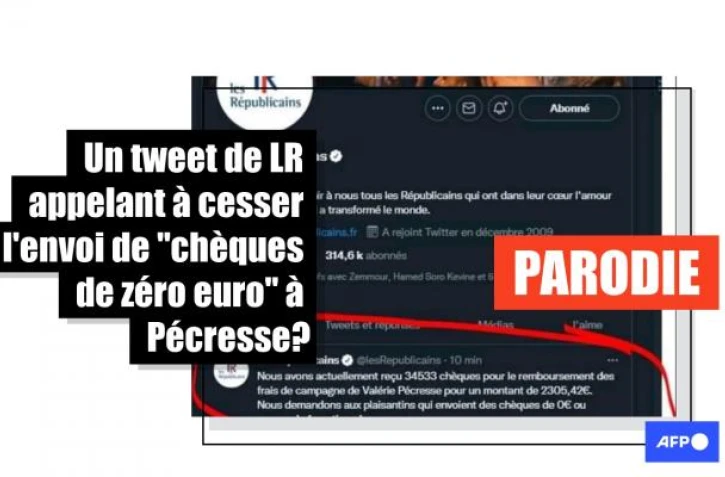   Un tweet des Républicains appelant à cesser d'envoyer "des chèques de zéro euro" à Valérie Pécresse ? C'est un montage parodique