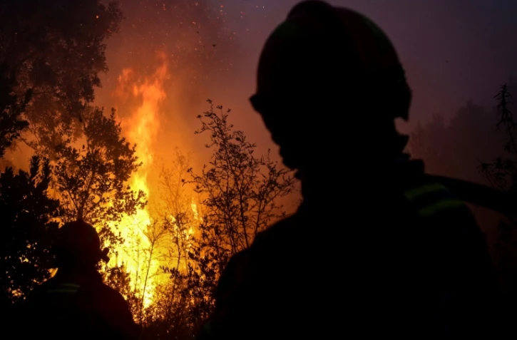 Des pompiers combattant l'incendie près de Monchique dans la région touristique de l'Algarve au Portugal regardent des arbres en flammes, le 8 oût 2018