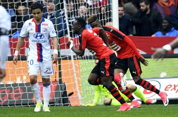 Firmin Mubele inscrit le but égalisateur pour Rennes face à Lyon, le 2 avril 2017 au Roazhon Park 