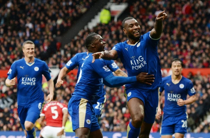 Le capitaine Wes Morgan signe l'égalisation pour Leicester face à Manchester United, le 1er mai 2016 à Old Trafford 