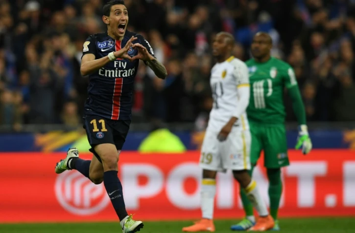 La joie de l'Argentin Angel Di Maria après son but contre Lille en finale de la Coupe de la Ligue, le 23 avril 2016 au Stade de France