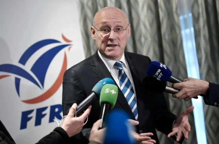Le président de la Fédération française de rugby Bernard Laporte en conférence de presse, le 27 décembre 2017 à Paris