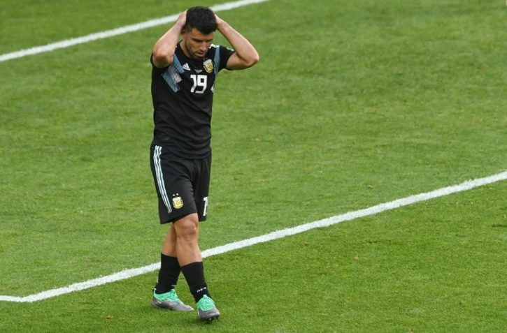 L'attaquant argentin Sergio Aguero pendant le match nul face à l'Islande à Moscou, le 16 juin 2018  lors du premier match du Groupe D 