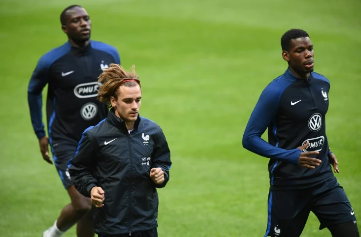 Moussa Sissoko, Antoine Griezmann et Paul Pogba, à l'entraînement des Bleus à la Friends Arena de Solna, le 8 juin 2017 