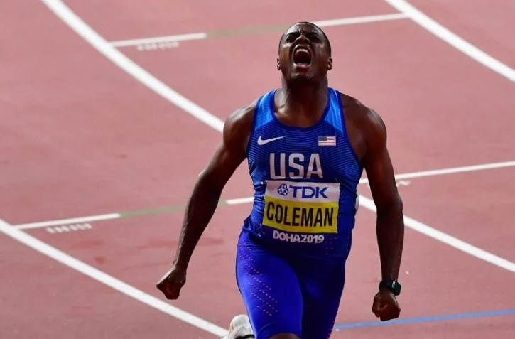 L'Américain Christian Coleman après sa victoire finale du 100 m aux Mondiaux d'athlétisme de Doha le 28 septembre 2019