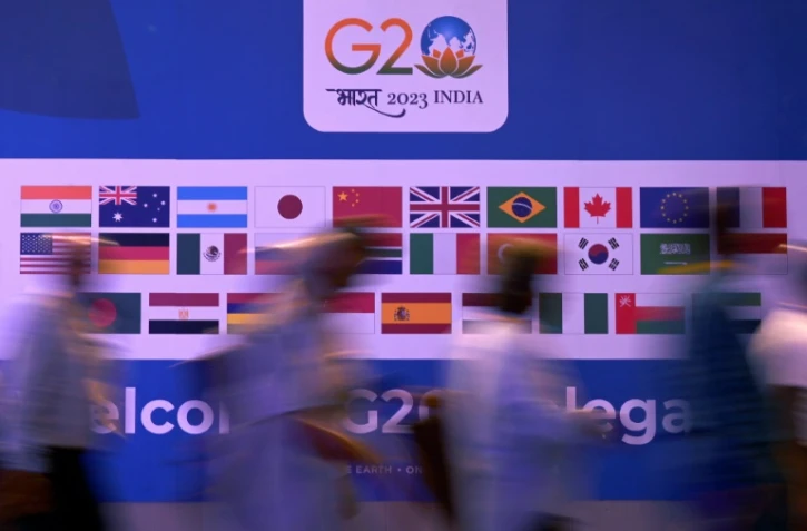 Bannière représentant les pays participant au G20, le 8 sepembre 2023 à New Delhi, en Inde