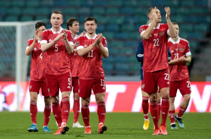 La joie des joueurs russes, après leur victoire, 2 buts à 1 contre la Slovénie, lors de leur match de qualification (groupe H) pour la Coupe du monde 2022, le 27 mars 2021 à Sotchi