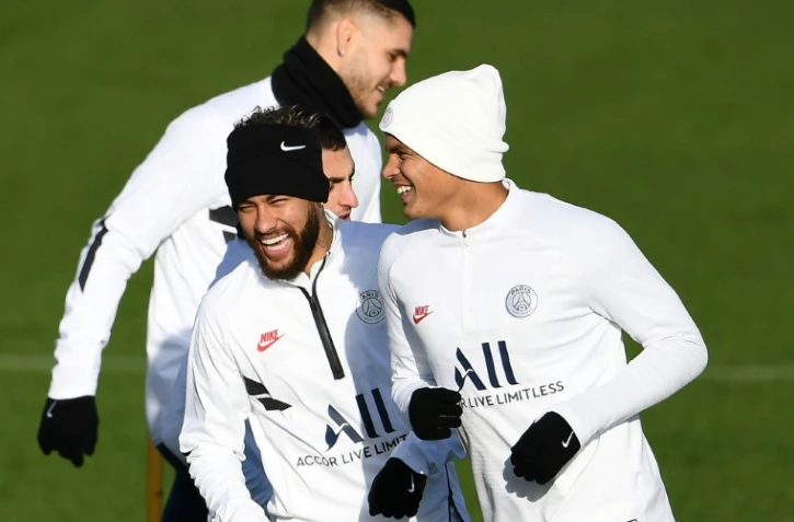 Les Brésiliens du PSG Neymar et Thiago Silva, à l'entraînement le 10 décembre 2019, à Saint-Germain-en-Laye