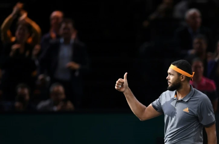 Le Français Jo-Wilfried Tsonga après sa victoire face au Russe Andrey Rublev au 1er tour du Masters 1000 de Paris, le 28 octobre 2019 