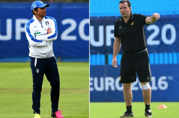Photo montage du sélectionneur de l'Italie Paolo Conte (g) lors d'un entraînement à Montpellier le 10 juin et de son homogue belge Marc Wilmots au Haillan le 9 juin 2016 