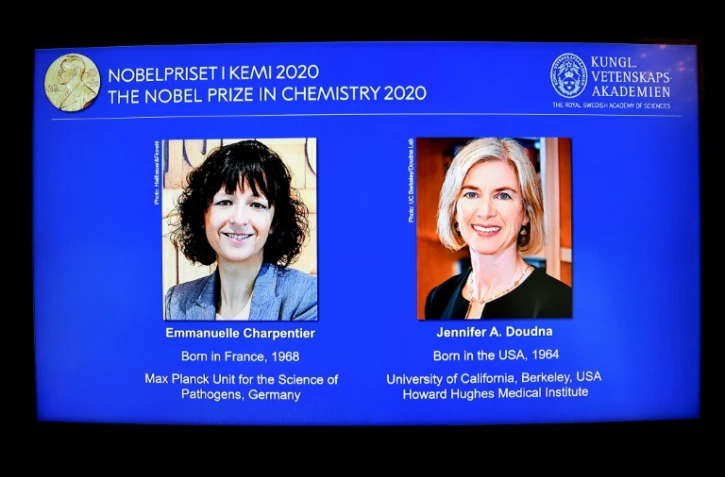 Les lauréates du prix Nobel de Chimie 2020, la Française Emmanuelle Charpentier (G) et l'Américaine Jennifer Doudna, à Stockholm, le 7 octobre 2020.
