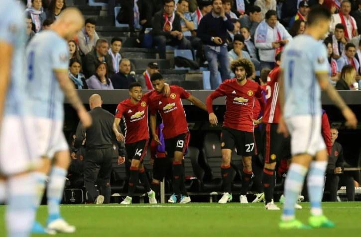 Le jeune attaquant de Manchester United Marcus Rashford (C) a inscrit le seul but du match face au Celta Vigo au stade Balaidos, le 4 mai 2017
