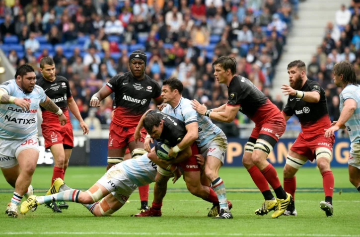 L'ouvreur du Racing Metro Dan Caeter (c,d) en finale de la Coupe d'Europe de rugby au Parc OL, le 14 mai 2016