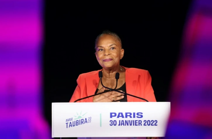 Christine Taubira s'exprime après sa victoire à la Primaire populaire, une consultation citoyenne destinée à avoir une candidature unique à gauche pour la présidentielle de 2022, à Paris le 30 janvier 2022 