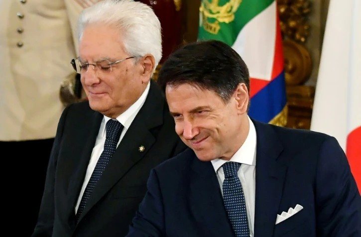 Le président italien Sergio Mattarella et le Premier ministre Giuseppe Conte lors de la cérémonie de prestation de serment à Rome le 5 septembre 2019