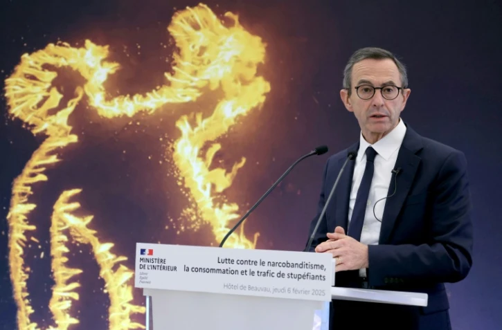 Le ministre de l'Intérieur Bruno Retailleau lors d'une conférence de presse pour présenter la campagne du gouvernement contre le narcotrafic, le 6 février 2025 à Paris