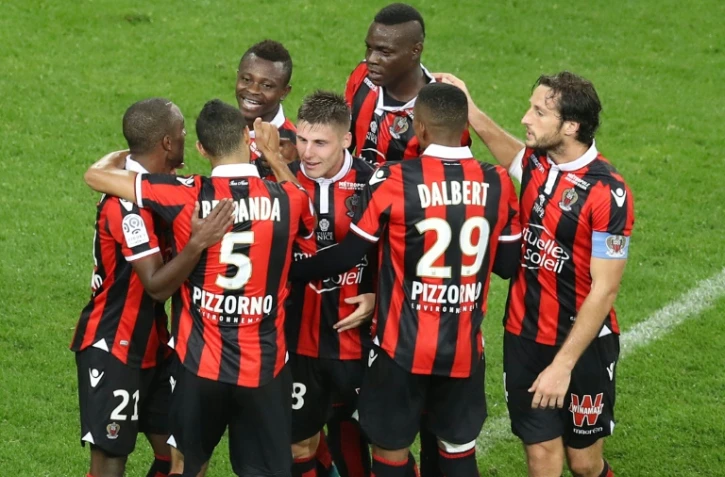 Les joueurs de Nice après avoir marqué face à Lyon le 14 octobre 2016 en match de Ligue 1 à l'Allianz Riviera