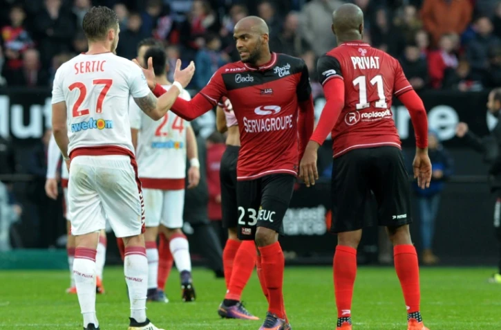 Jimmy Briand (c) auteur de l'égalisation dans le temps additionnel pour Guingamp face à Bordeaux, le 20 novembre 2016 au Roudourou