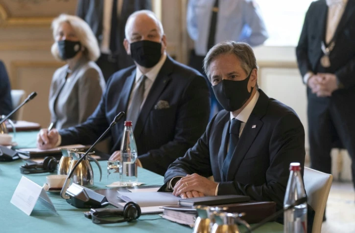 Le secrétaire d'Etat américain Antony Blinken, lors d'une réunion au Quai d'Orsay avec son homologue français Jean-Yves Le Drian, à Paris, le 5 octobre 2021