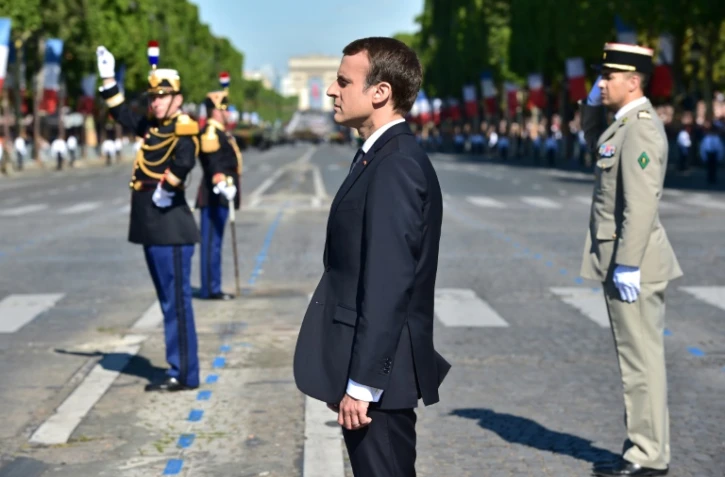 Le président Emmanuel Macron, au défilé militaire sur les Champs-Elysées à Paris le 14 juillet 2017
