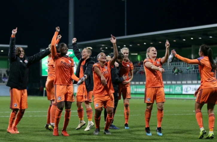 La joie des lyonnaises après avoir éliminé Wolfsburg en quart de finale de la Ligue des champions, le 27 mars 2019 à Wolfsburg