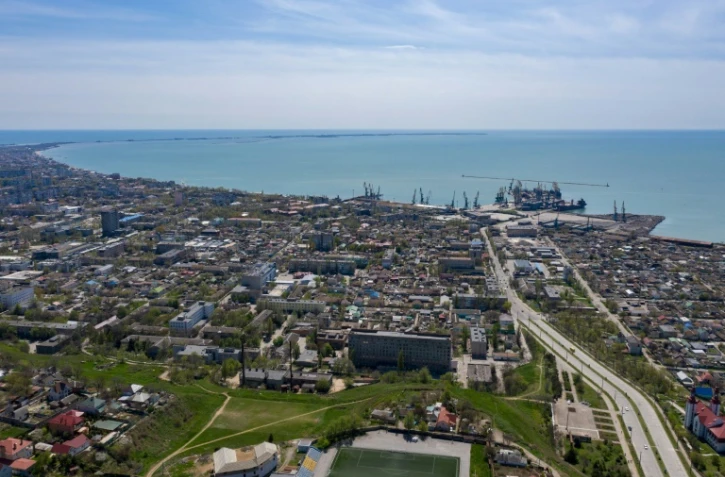 Vue aérienne du port de Berdiansk, sur la mer d'Azov, le 30 avril 2022 en Ukraine