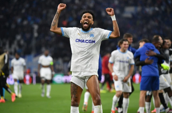 La joie de l'attaquant de l'OM Pierre-Emerick Aubameyang après avoir éliminé Benfica en quart de finale de Ligue Europa, le 18 avril 2024 au Vélodrome