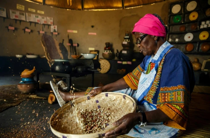 Hatifari Munongi, conteuse, poète et enseignante à la retraite dans sa hutte reconstituant l'habitat traditionnel africain, le 18 octobre 2018 à Harare, au Zimbabwe