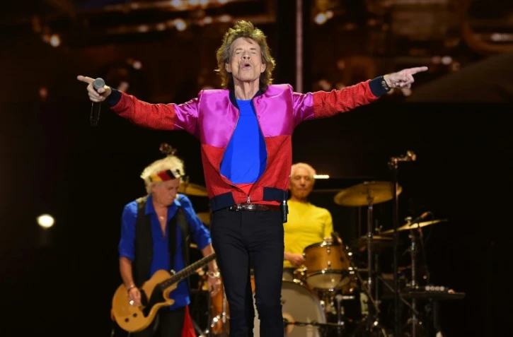 Mick Jagger (C) lors d'un concert des Rolling Stones, le 14 octobre 2016, lors d'un concert à Indio (Californie)