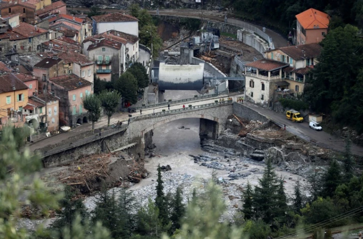 Vue aérienne des dégâts provoqués par les inondations meurtrières, le 5 octobre 2020 à Breil-sur-Roya, dans les Alpes-Maritimes