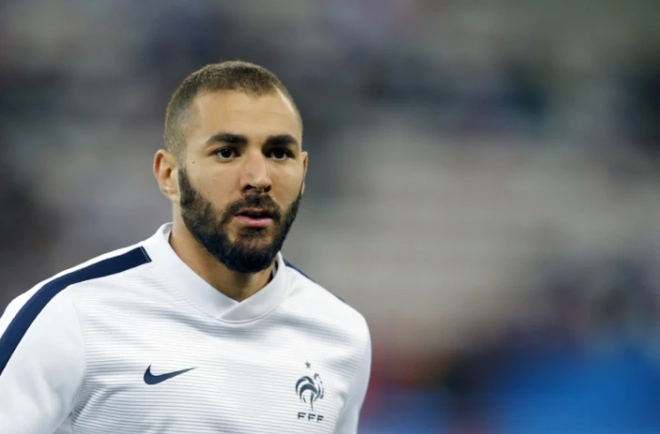 L'attaquant français Karim Benzema lors d'un entraînement avant un match amical France-Arménie le 8 octobre 2015 au stade Allianz Riviera à Nice