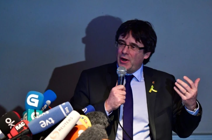 L'indépendantiste catalan Carles Puigdemont, lors d'une conférence de presse après sa remise en liberté, le 7 avril 2018 à Berlin