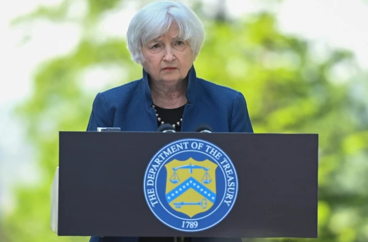 La secrétaire au Trésor, Janet Yellen, lors d'un point presse en marge d'une réunion des ministres des finances du G7, le 18 mai 2022 à Königswinter, en Allemagne