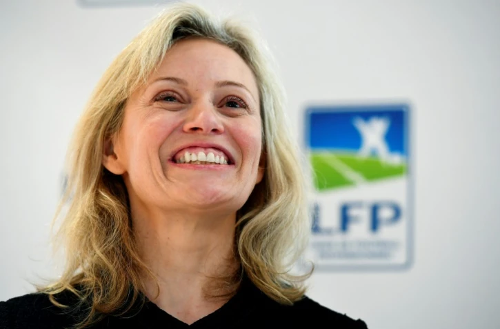 La présidente de la LFP Nathalie Boy de la Tour en conférence de presse, le 11 novembre 2016 à Paris