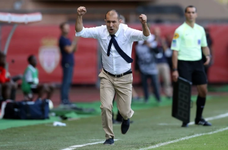 L'entraîneur de Monaco Leonardo exulte après un but de son équipe  face à Rennes au stade Louis II, le 17 septembre 2016 