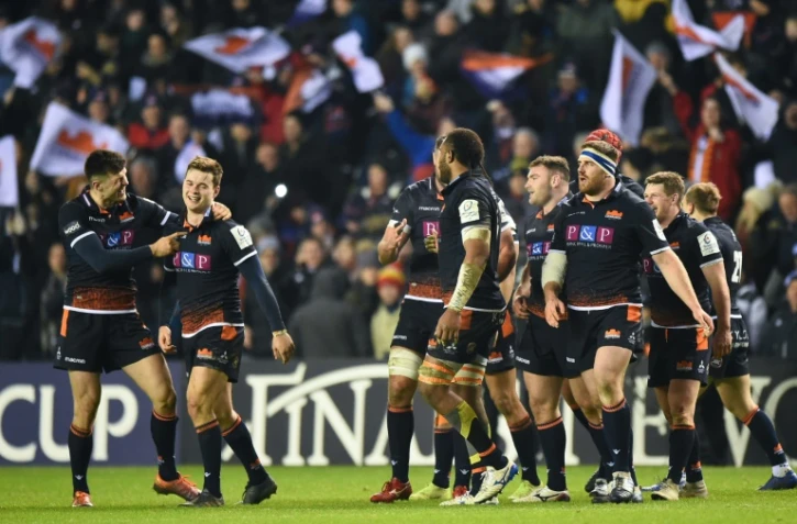 Les joueurs d'Edimbourg célèbrent leur victoire à domicile 19-10 face à Montpellier en Coupe d'Europe le 18 janvier 2019 