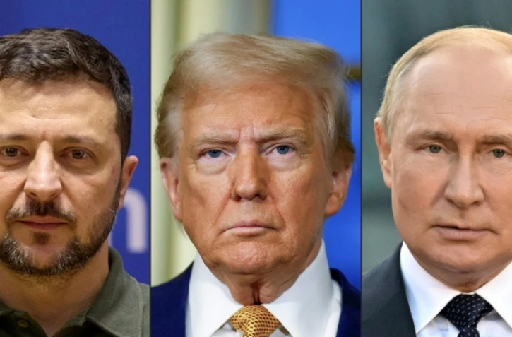 Combo des photos de Volodymir Zelensky, Donald Trump et Vladimir Poutine