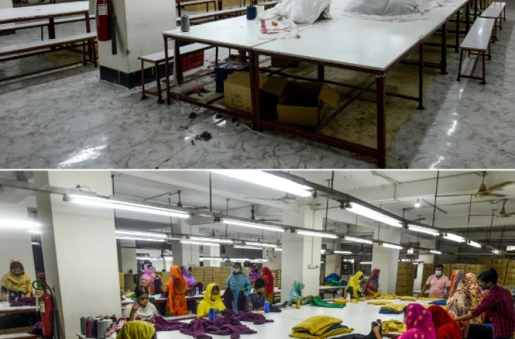 Pendant le confinement le 7 avril et après le déconfinement le 18 juin à l'usine textile Dibbo Fashion, près de Dacca