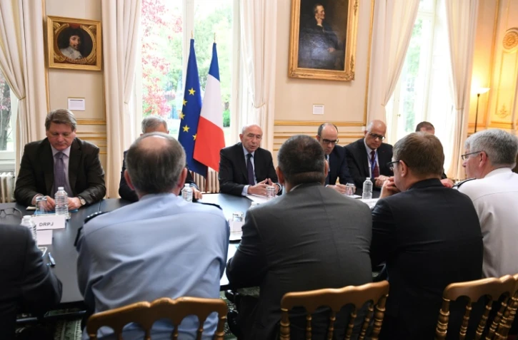 Le ministre de l'Intérieur, Gérard Collomb, a présidé une réunion d'état-major au ministère de l'Intérieur le 13 mai 2018, après l'attaque jihadiste au couteau la veille près de l'Opéra à Paris. 