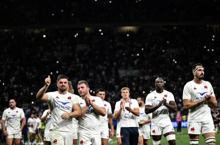 Les joueurs de l'équipe de France de rugby après leur victoire contre l'Ecosse en match de préparation au Mondial, le 12 août 2023 à Saint-Etienne