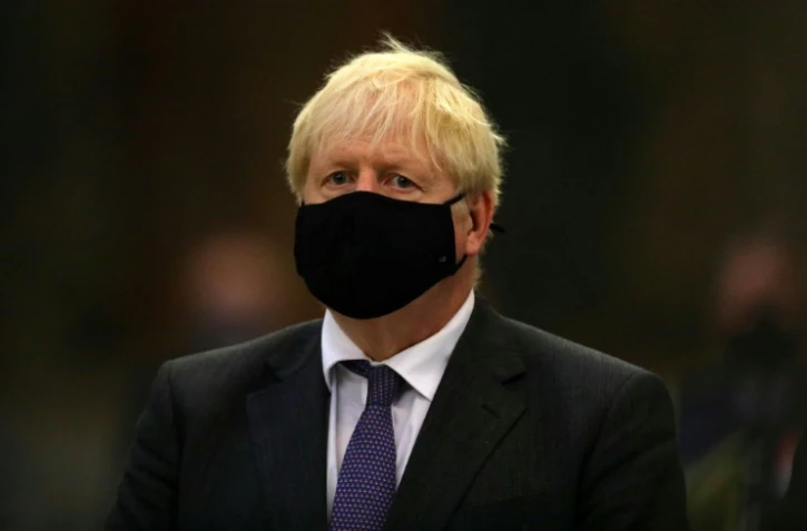 Le Premier ministre britannique Boris Johnson, portant un masque lors de l'anniversaire des 80 ans de la bataille d'Angleterre, à Westminster Abbey, dans le centre de Londres, le 20 septembre 2020 