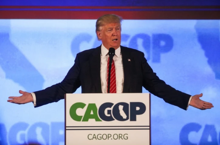 Donald Trump candidat à l'investiture républicaine, lors d'un discours le  29 avril 2016 à Burlingame (Californie)