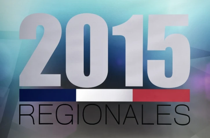 Le logo des élections régionales 2015 lors d'un débat le 2 décembre 2015 à Strasbourg pour la région Alsace-Champagne-Ardenne-Lorraine