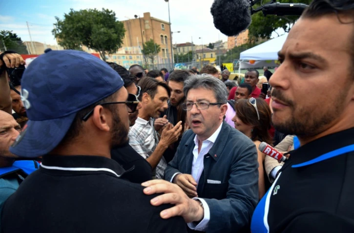 Jean-Luc Mélenchon, candidat de la France Insoumise dans la 4e circonscription des Bouches-du-Rhône, à Marseille lors de sa visite dans une cité populaire, le 3 juin 2017