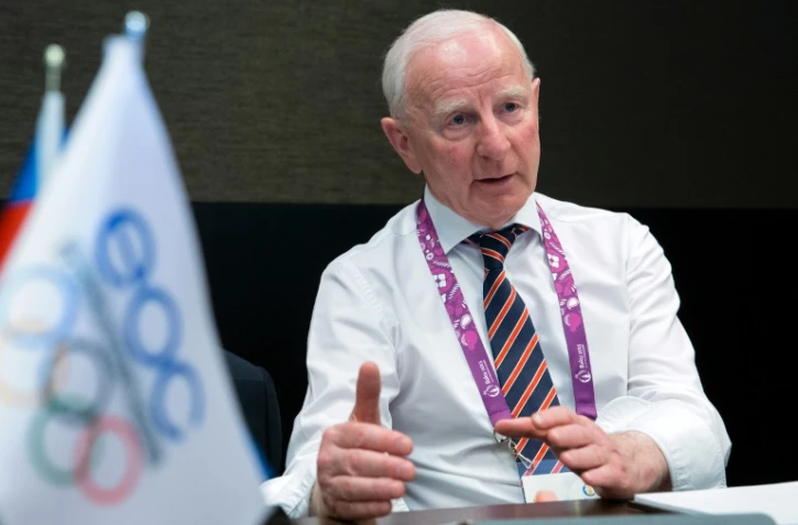 L'Irlandais Patrick Hickey, chef des Comités olympiques européens (EOC), lors d'une conférence de presse aux jeux Européens de Bakou, le 24 juin 2015